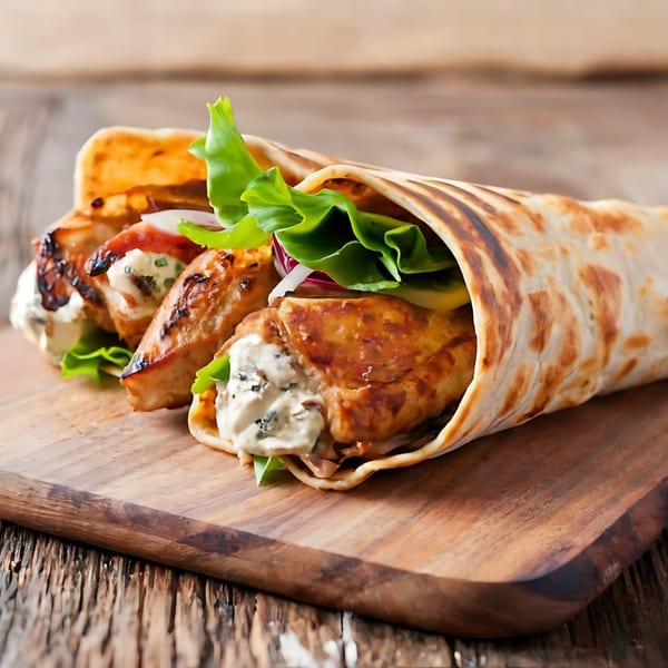Two grilled Mediterranean chicken wraps with lettuce and sauce on a wooden board.