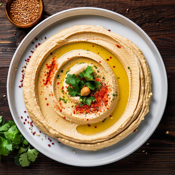 Creamy hummus swirled on a white plate, garnished with olive oil, paprika, parsley, and a chickpea.